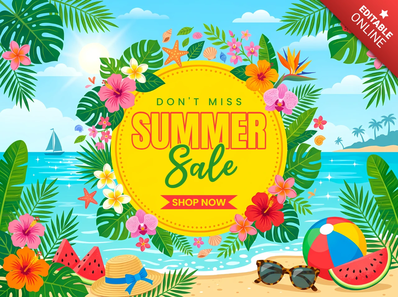 Banner promozionale per saldi estivi con corona floreale tropicale ed elementi per vacanze al mare