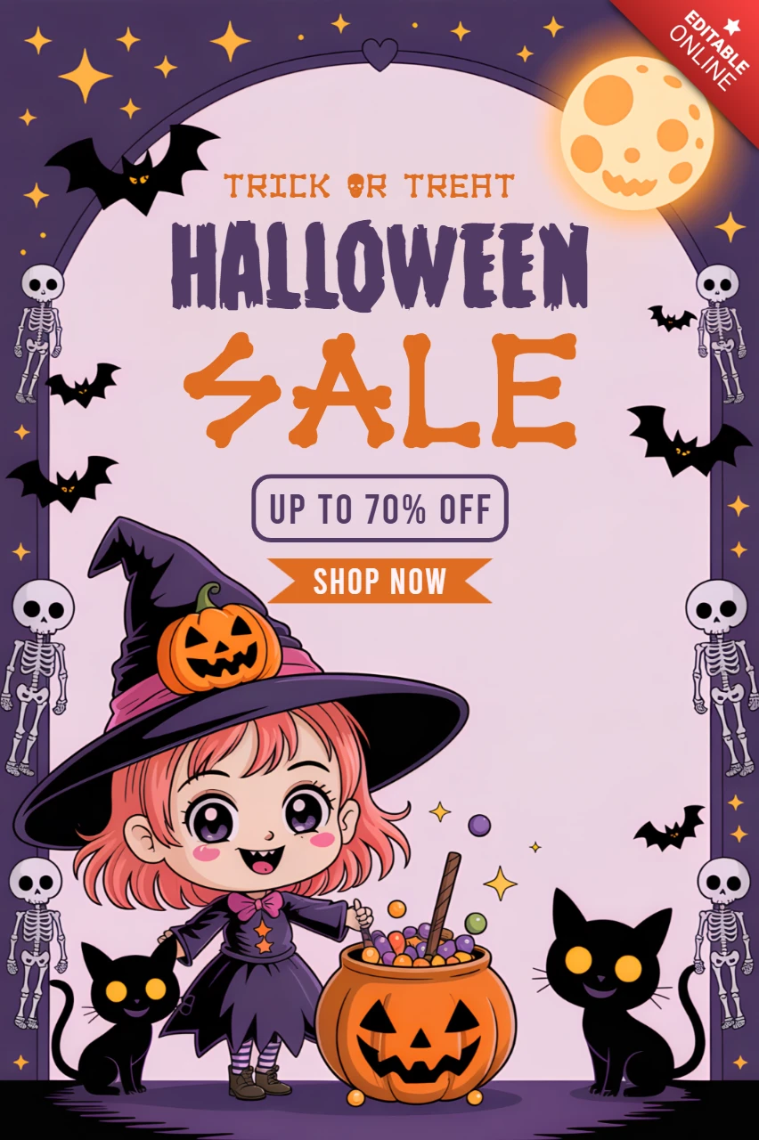 Verspieltes Halloween-Verkaufsgestaltungs-Template mit süßer Hexe und Katzen für Werbeflyer