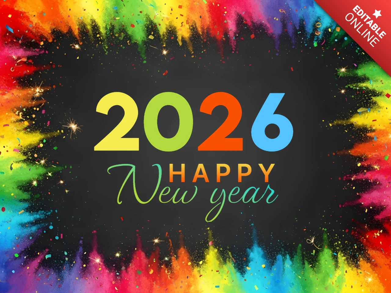 Modèle de célébration colorée du Nouvel An 2026 pour cartes de vœux