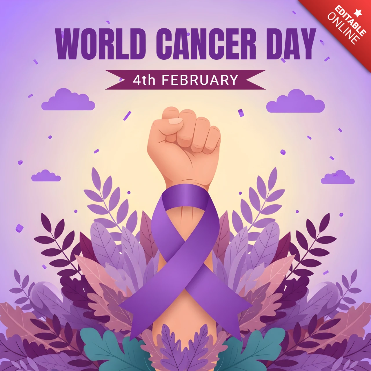 Wereldkankerdag bewustwording sjabloon met paarse lintontwerp voor posters