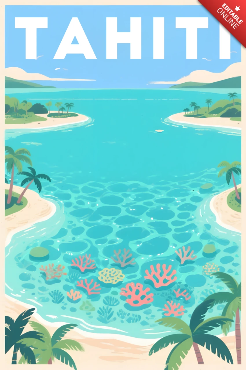 Tahiti Beautiful Lagoon Illustration for Retro Flat Travel Posters and Merch