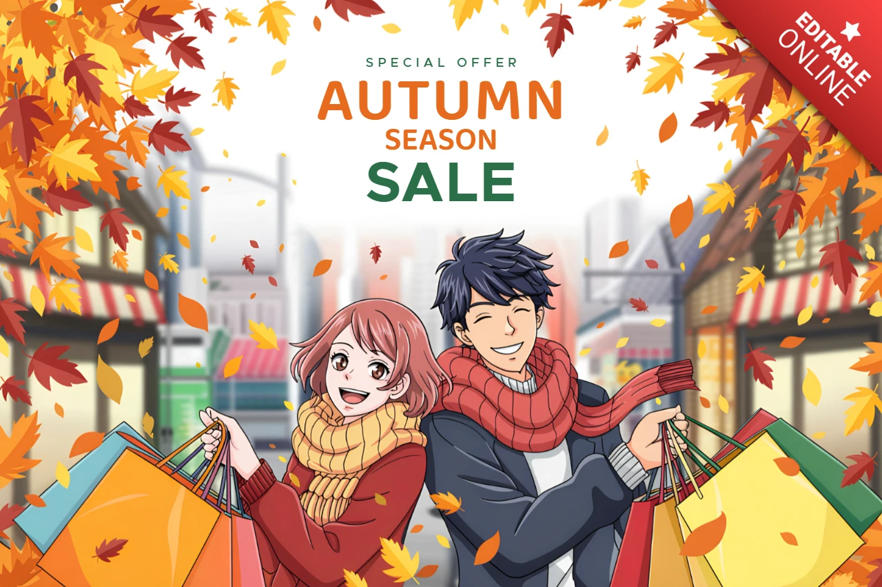 Plantilla de diseño de manga de venta de otoño con parejas de compras y hojas de otoño para volantes promocionales
