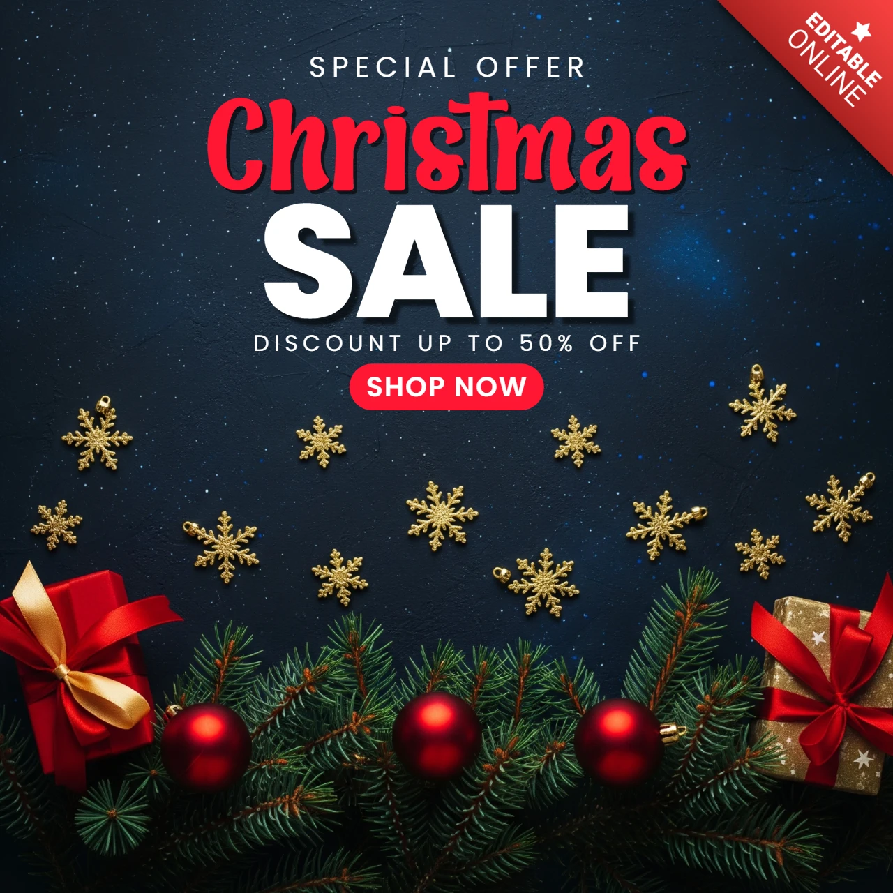 Poster promozionale per lo shopping natalizio con fascino regalo e elegante scintillio stagionale