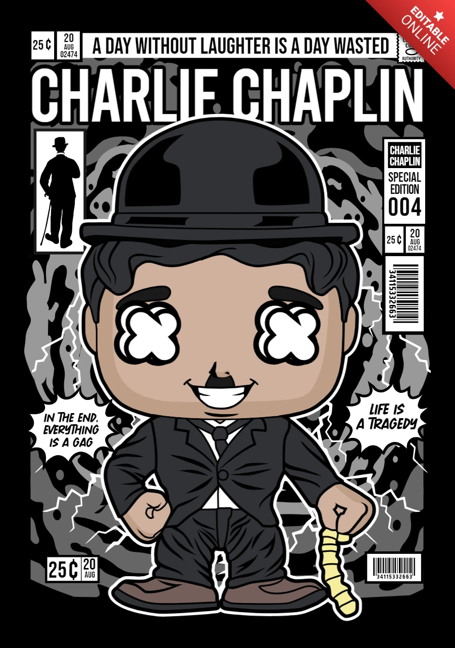 Charlie Chaplin Cartoon Character Magazine Cover Design Template