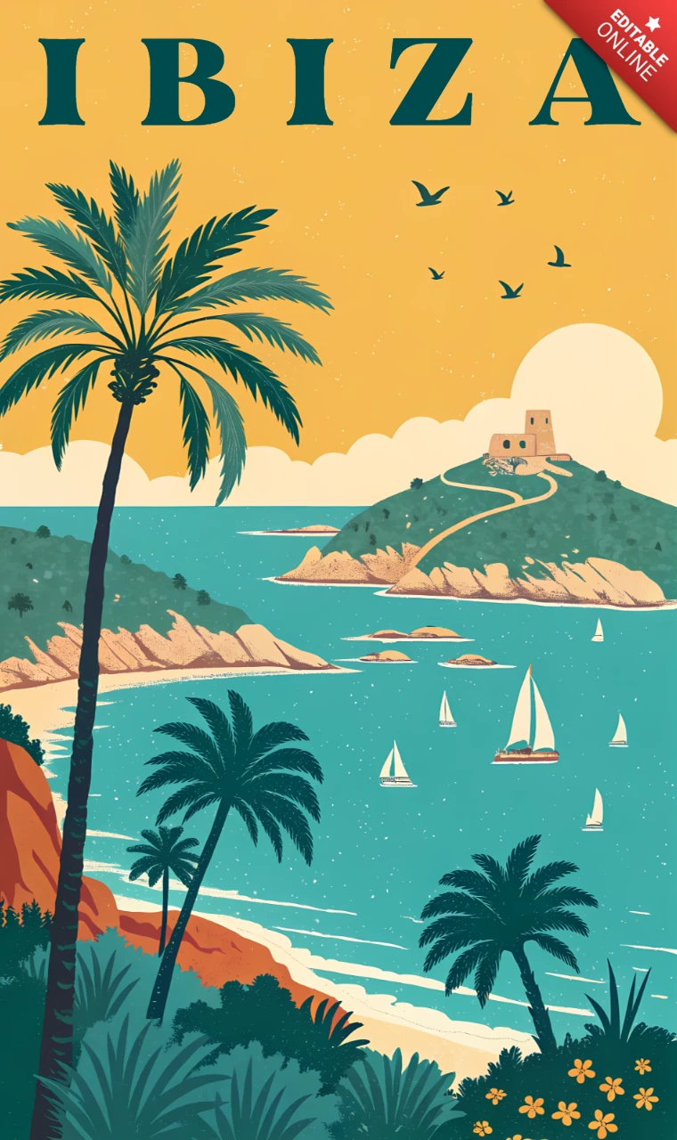 Retro Flat Ibiza Landscape Design Template for Poster