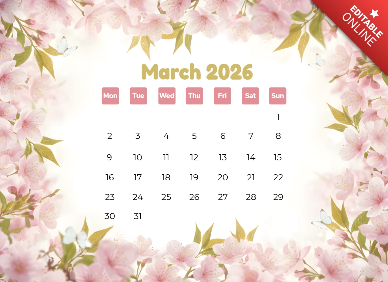 Verspieltes Kalenderdesign für März 2026 mit rosa Blüten, Schmetterlingen und saisonalem Stil