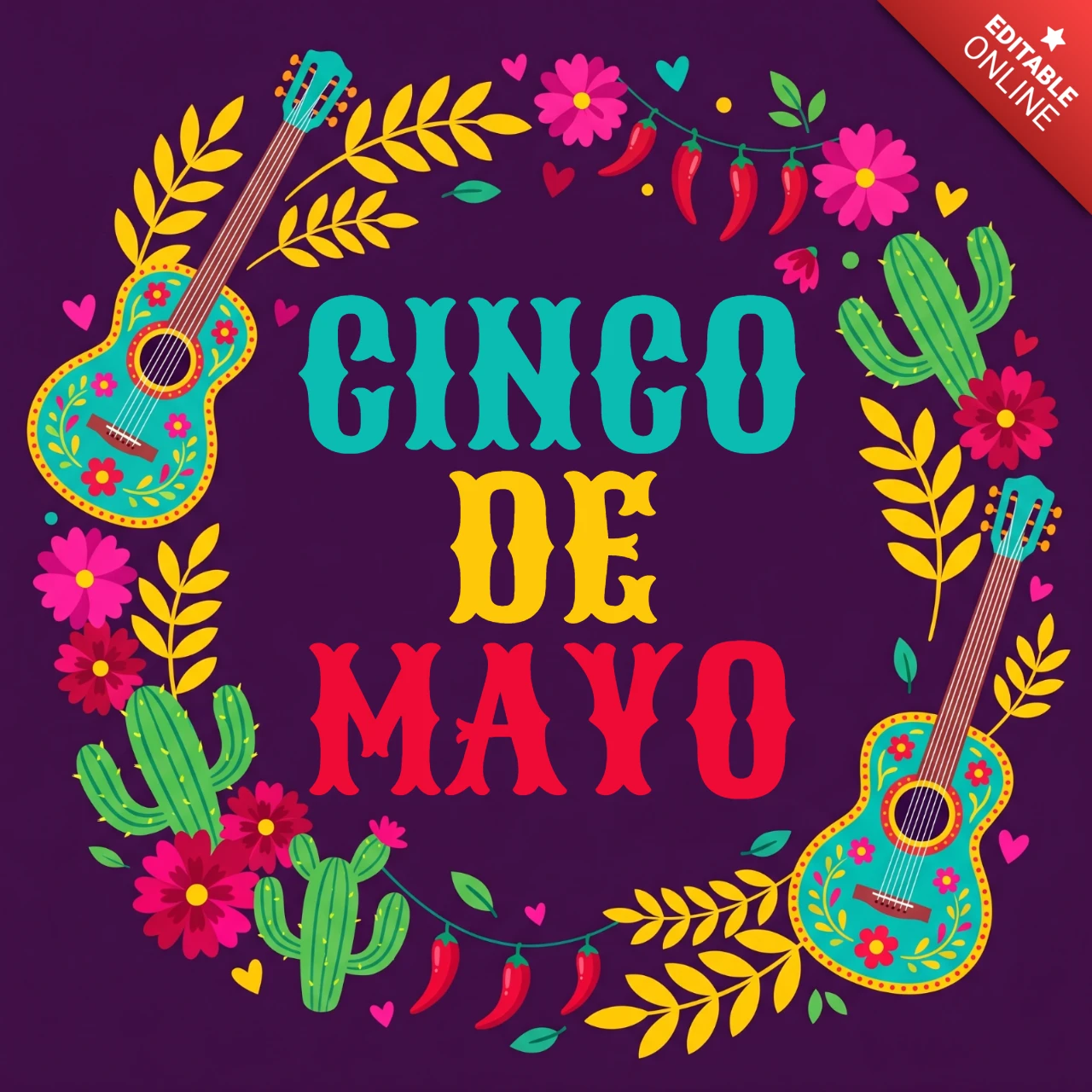 Cinco de mayo feest ontwerp sjabloon met gitaren en cactussen voor speelse partijkosten.