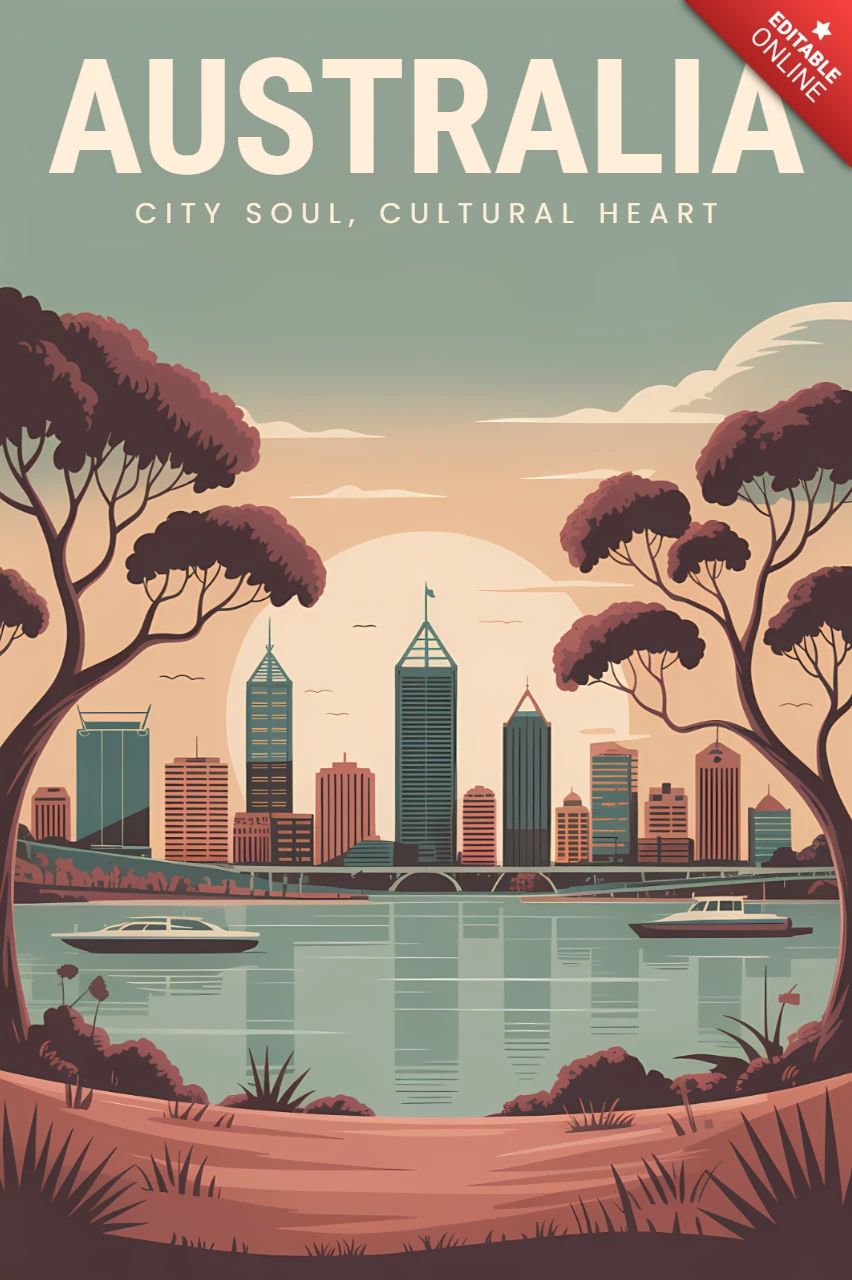 Plantilla de diseño de paisajes urbanos retro de Australia para carteles de viaje