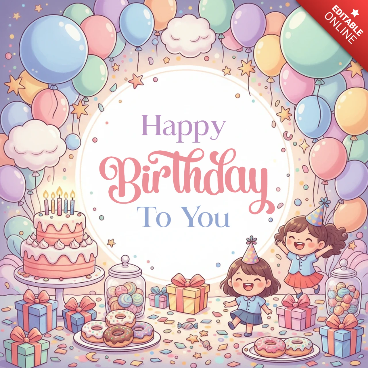 Feliz cumpleaños, celebración decorativa infantil con globos, pastel, regalos y un alegre diseño de cumpleaños.