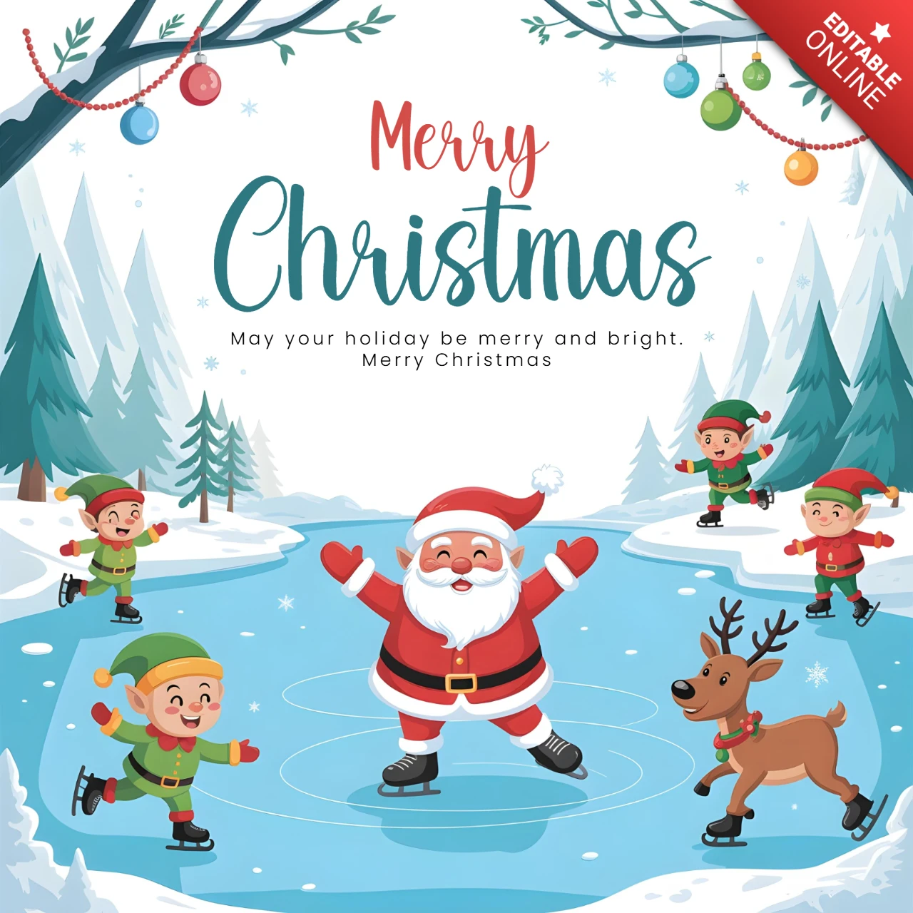 Illustrazione natalizia festiva con Babbo Natale, elfi e renne su una pista di pattinaggio circondata da alberi coperti di neve, modello di design per poster.