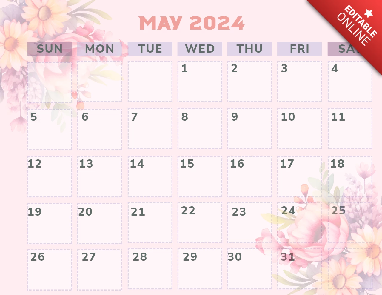Modèle de calendrier mensuel simple et moderne de mai 2024 avec jolies fleurs roses et blanches