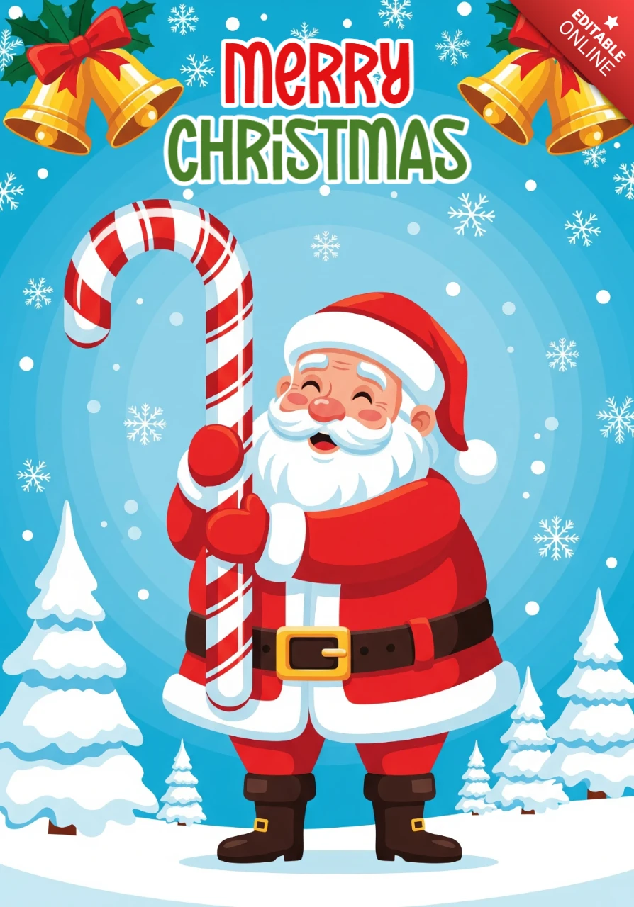 Weihnachtsgruß Santa, der einen Zuckerstab in einem verschneiten Wald mit Glocken und Stechpalmen-Dekorationen hält, Plakatdesign-Vorlage