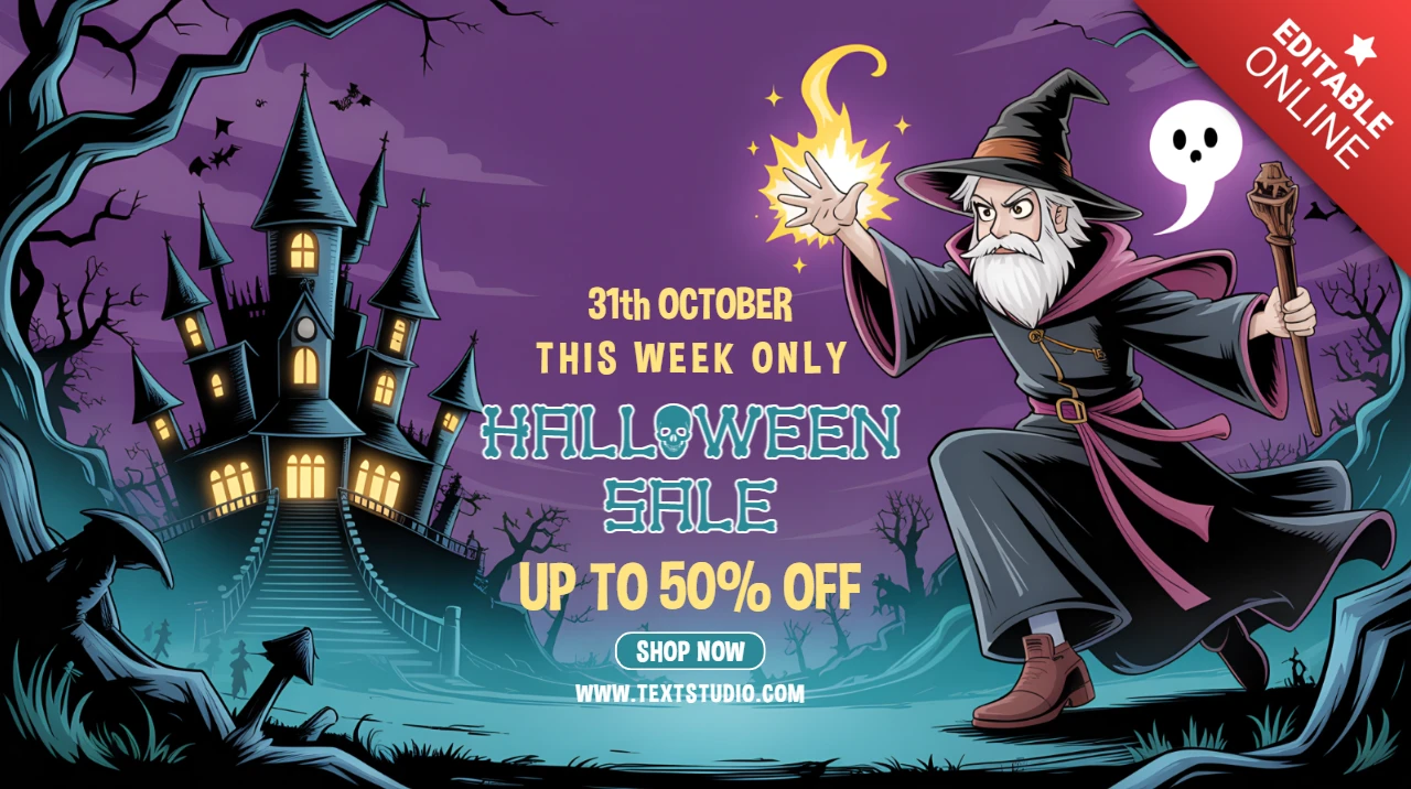 Spooky Cartoon Wizard Halloween Sale Flyer Template with Cartoon Style Design