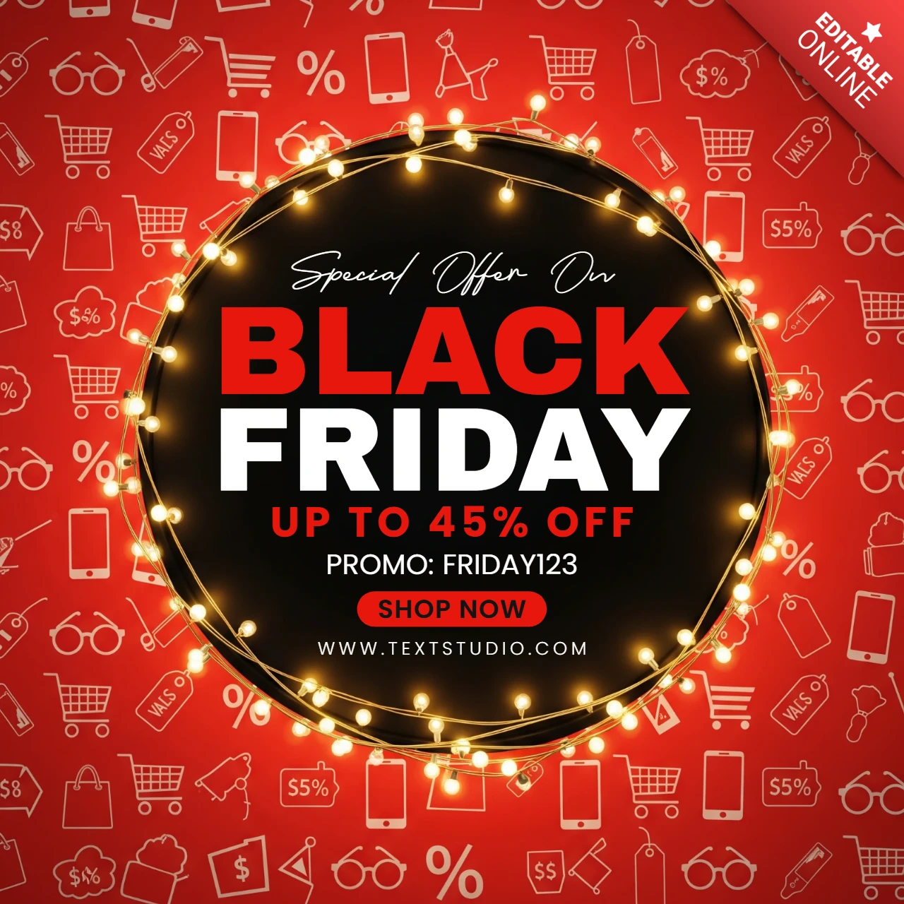Affiche de Black Friday, bannière noire circulaire avec des lumières brillantes sur fond rouge avec des icônes de shopping, modèle de conception pour des flyers promotionnels.