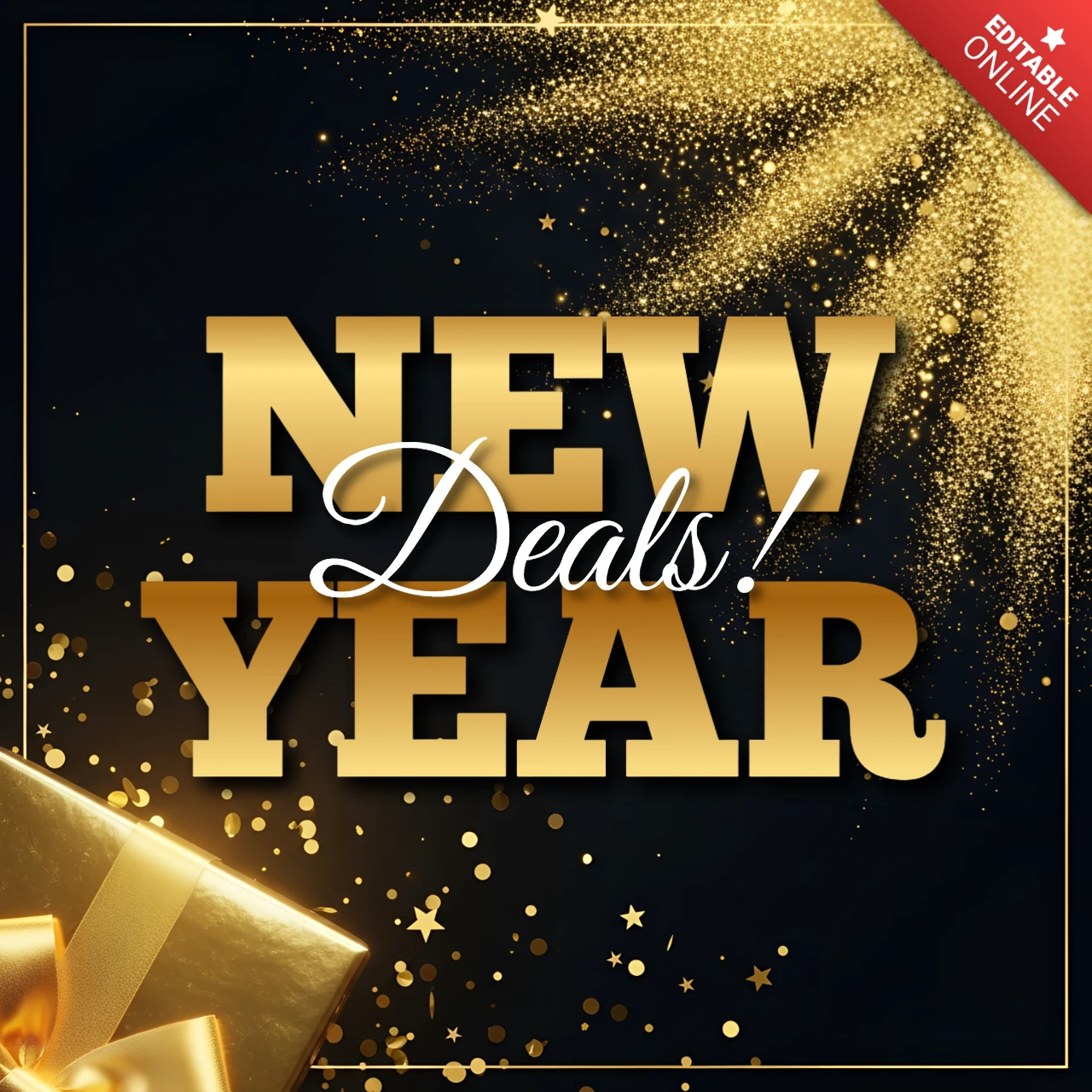 Modelo de ofertas de Ano Novo com glitter dourado para panfletos promocionais