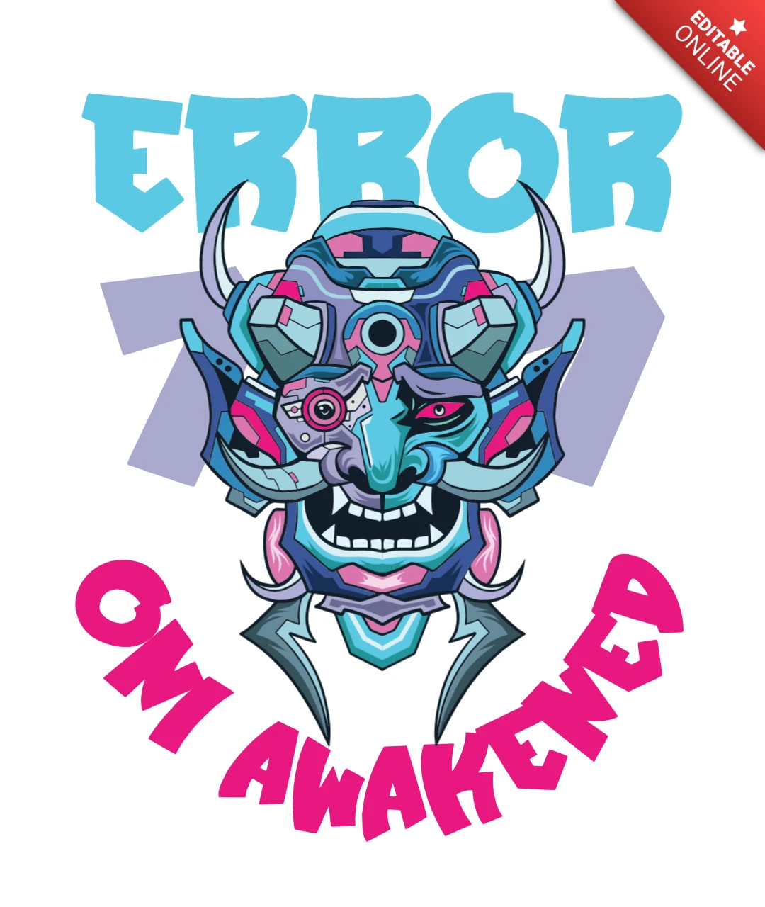 Fout 777 oni cyber demon masker met oni ontwaakte t-shirt ontwerp sjabloon