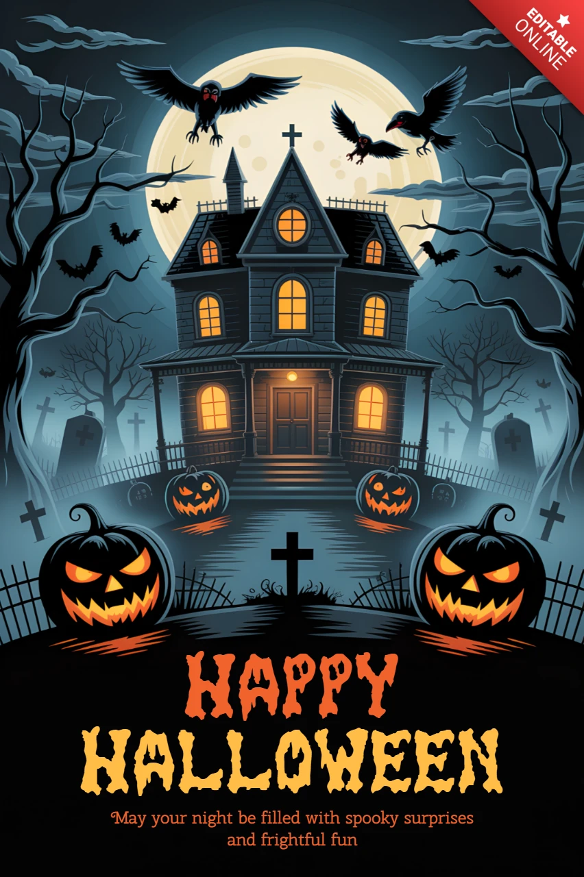 Spooky Halloween ontwerpsjabloon met spookhuis en pompoenen voor feestuitnodigingen