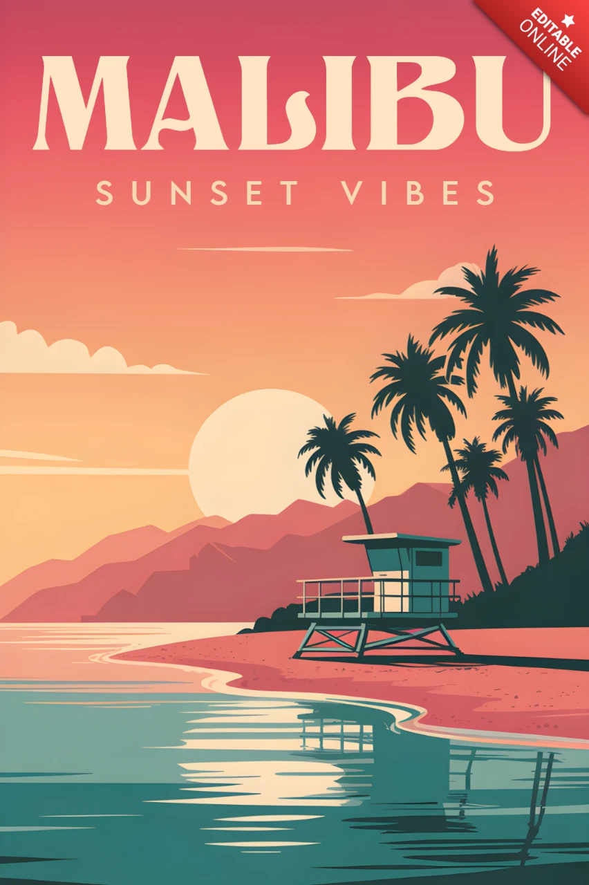 Template de design retrô para pôsteres com vibrações do pôr do sol em Malibu