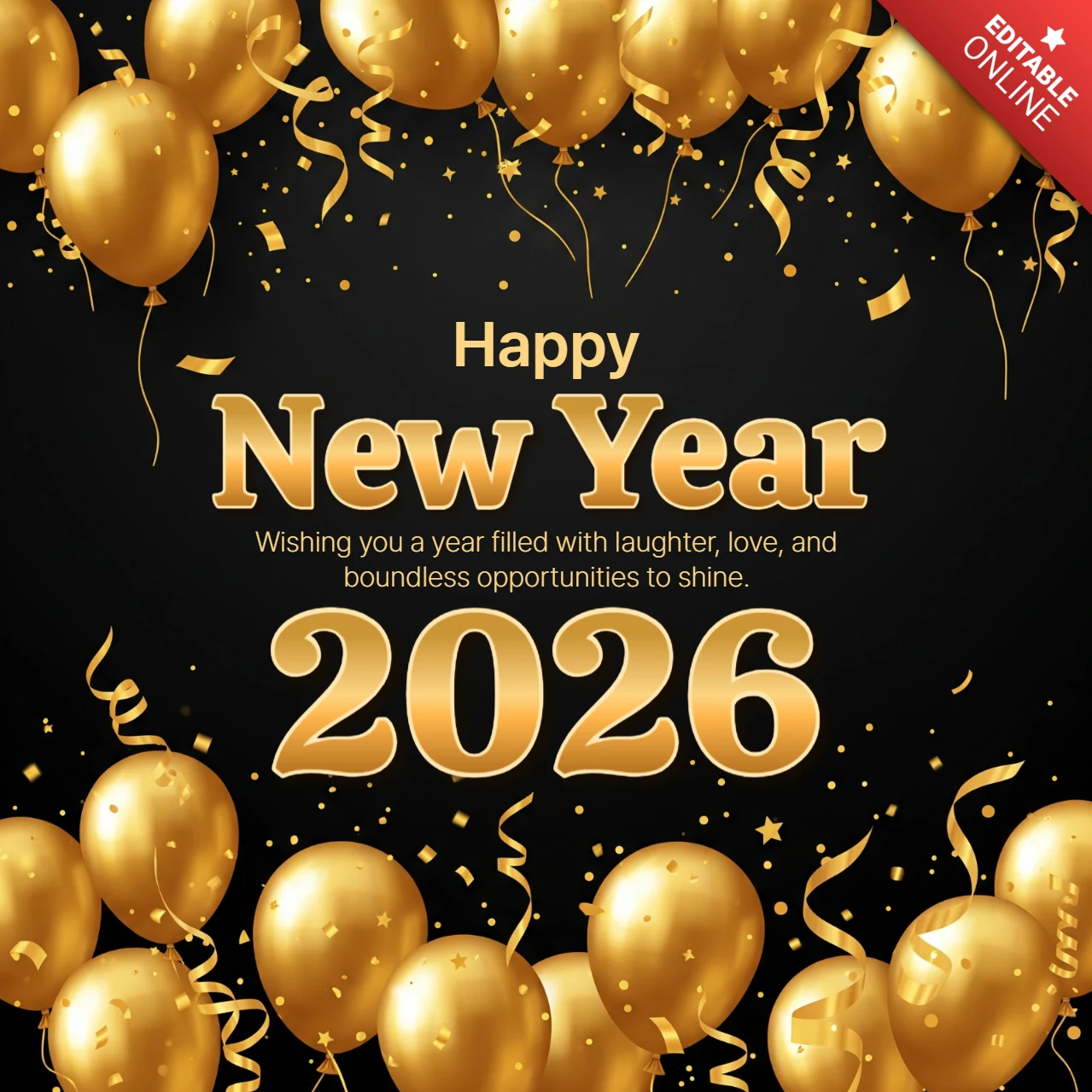Happy New Year 2026 Card Black Background with Gold Balloons, Confetti, and Inspirational Message