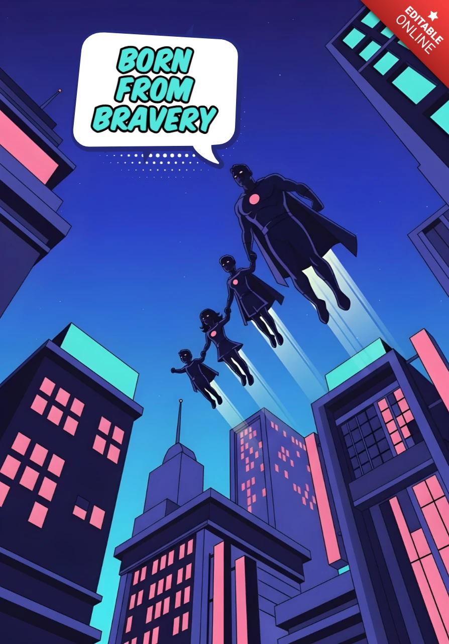 Nacido de la valentía volando superhéroes sobre el diseño de cartel de paisaje urbano de neón.