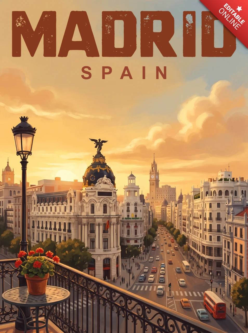 Vintage Retro Madrid Adventure Poster Spain Scenic Cityscape Balcony View Sunset Avenue Historic Architecture Travel Wall Decor