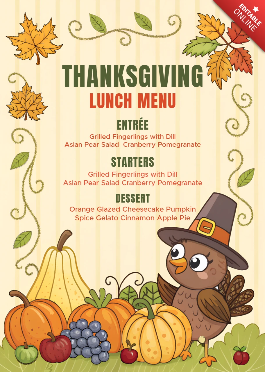 Thanksgiving Menu Design Template with Cute Cartoon Turkey and Autumn Leaves for Festive Events