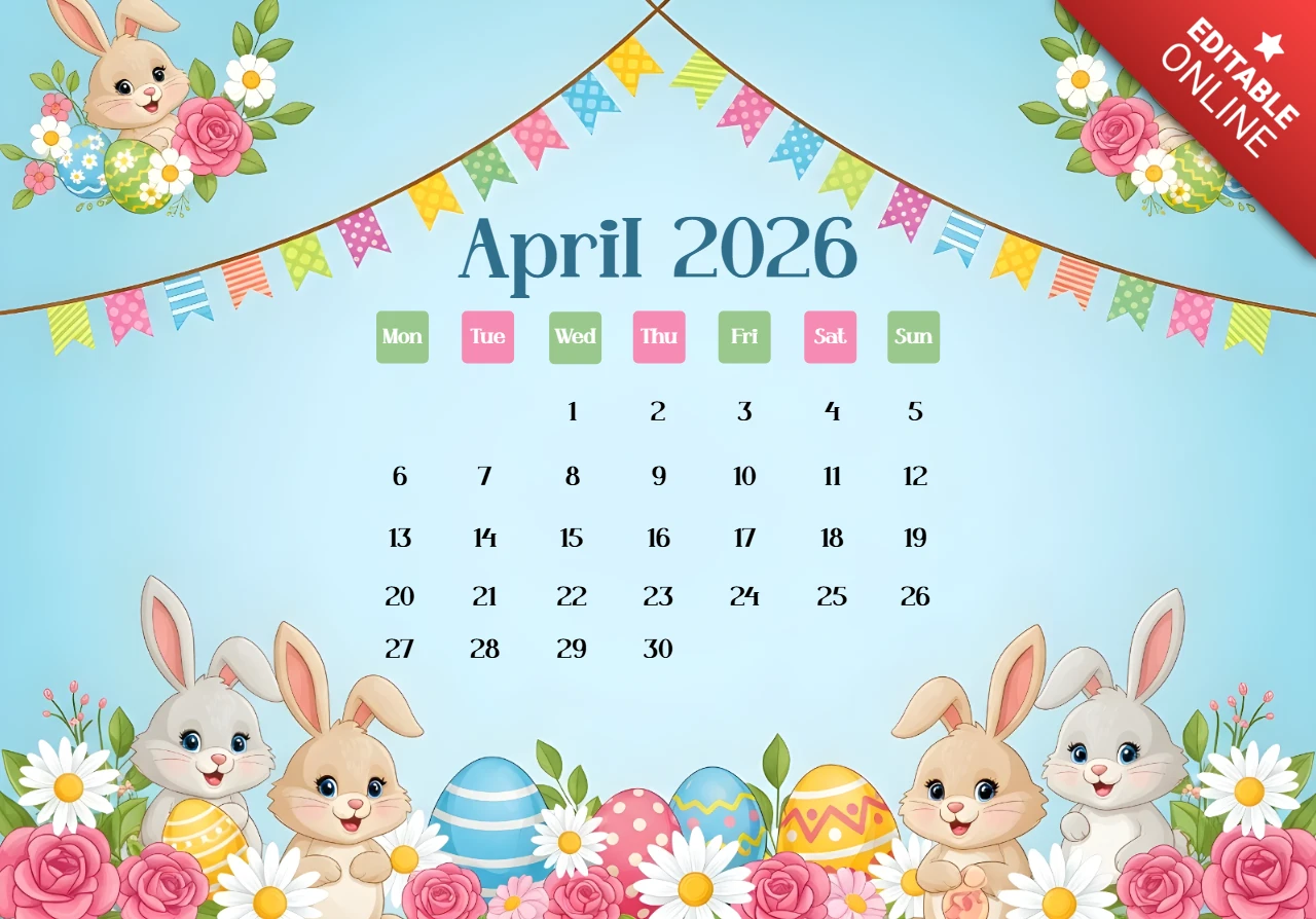 Colorful Weekday Boxes with Rabbits, Eggs, Flowers, and Decorative Border Theme April 2026 Calendar Poster