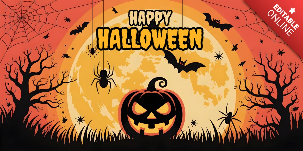 ハッピーハロウィン オレンジの空、邪悪なジャック・オー・ランタン & 不気味な雰囲気のYouTubeカバーデザインテンプレート