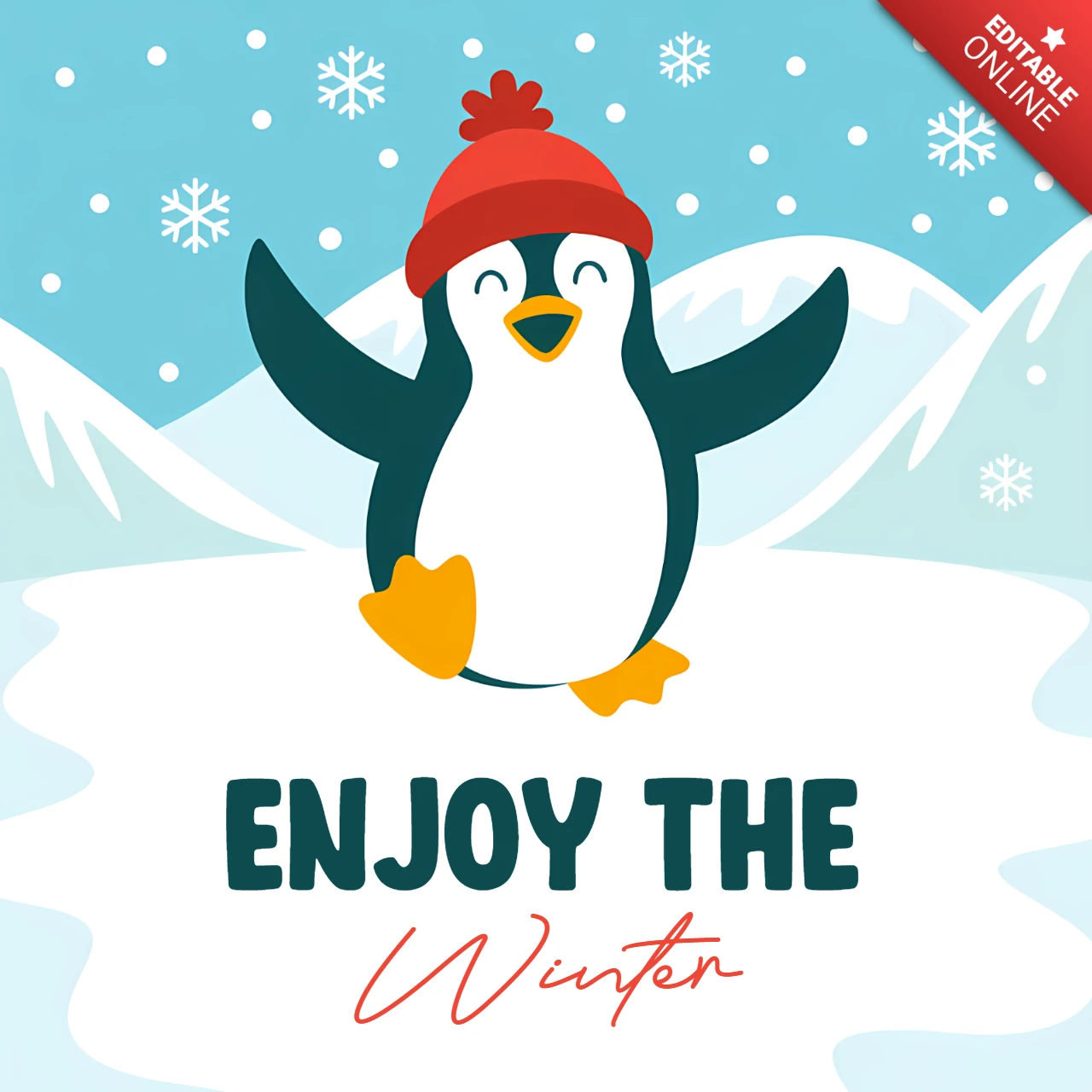 Modello di design per biglietti di auguri con pinguini invernali