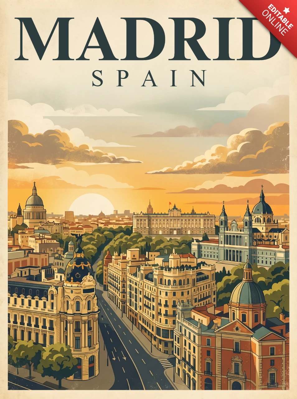 Vintage Retro Madrid Adventure Poster Spain Sunset Cityscape Central Avenue Trees Domed Towers Classical Architecture Travel Wall Decor