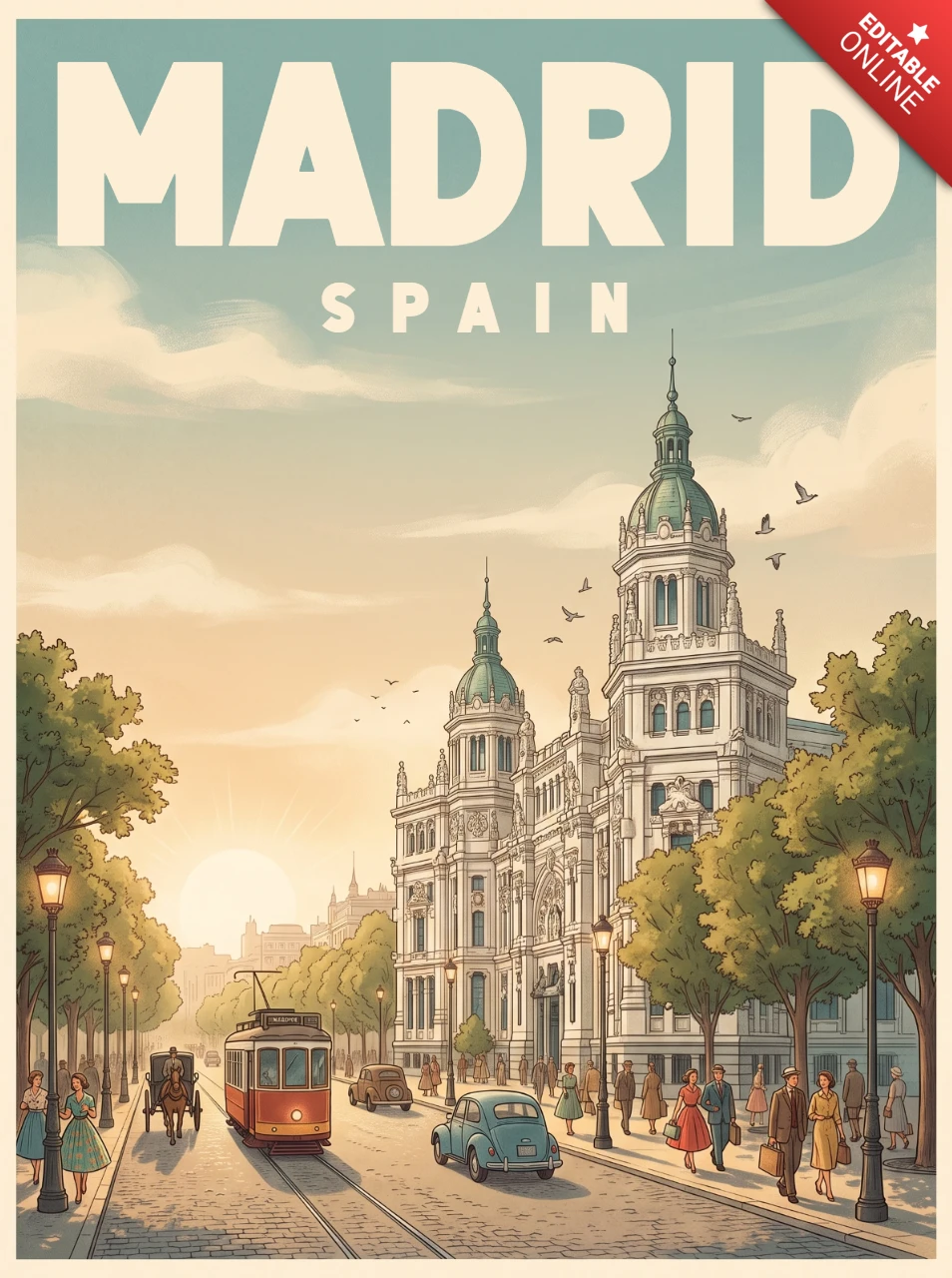 Vintage Retro Spain Travel Wall Art Print Madrid Sunset Poster Scenic Historic Building Tram Car Golden Evening Landscape