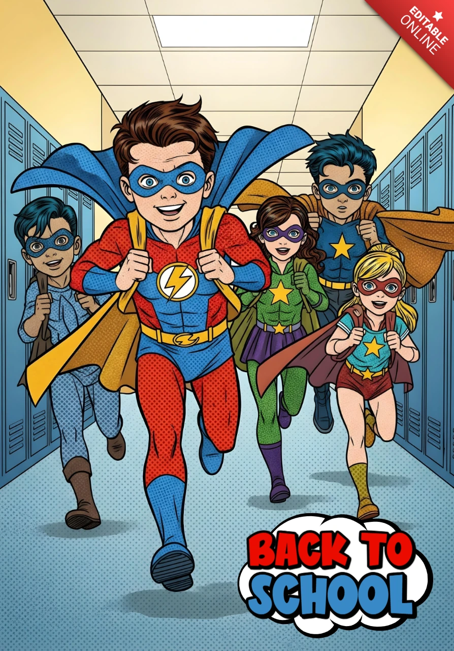 Back to School Superhero Students Running Through School Hallway with Lightning and Star Emblems Poster Design Template