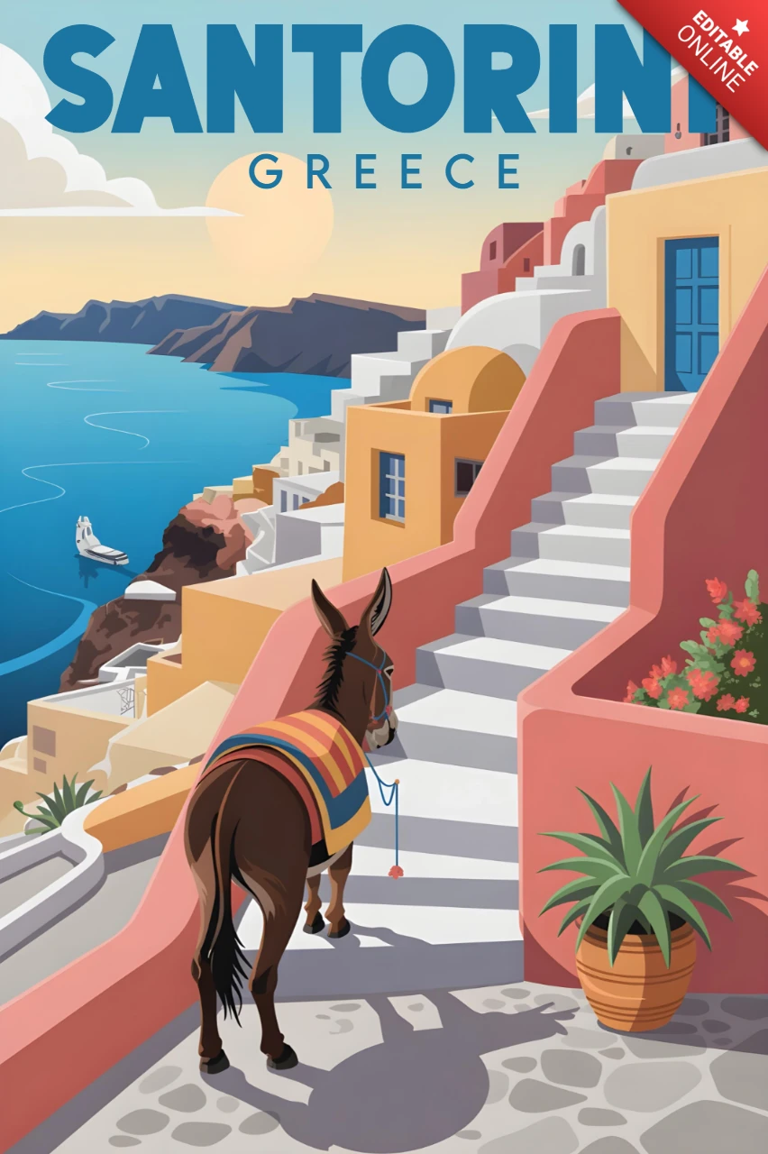 Donkey on Stone Staircase with Cliffside Homes and Sea View Santorini Travel Posters Design Template