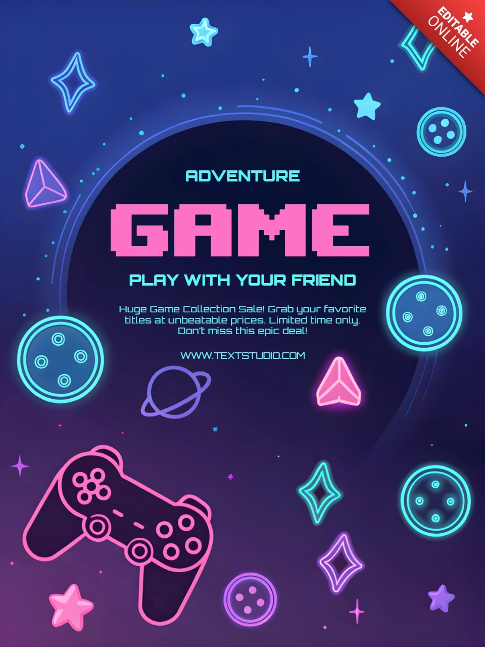 Neon game avontuur sjabloon voor speelse promoties