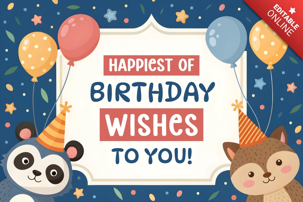 Editable Cartoon Birthday Wishes Template Design with Cute Animals and Balloons