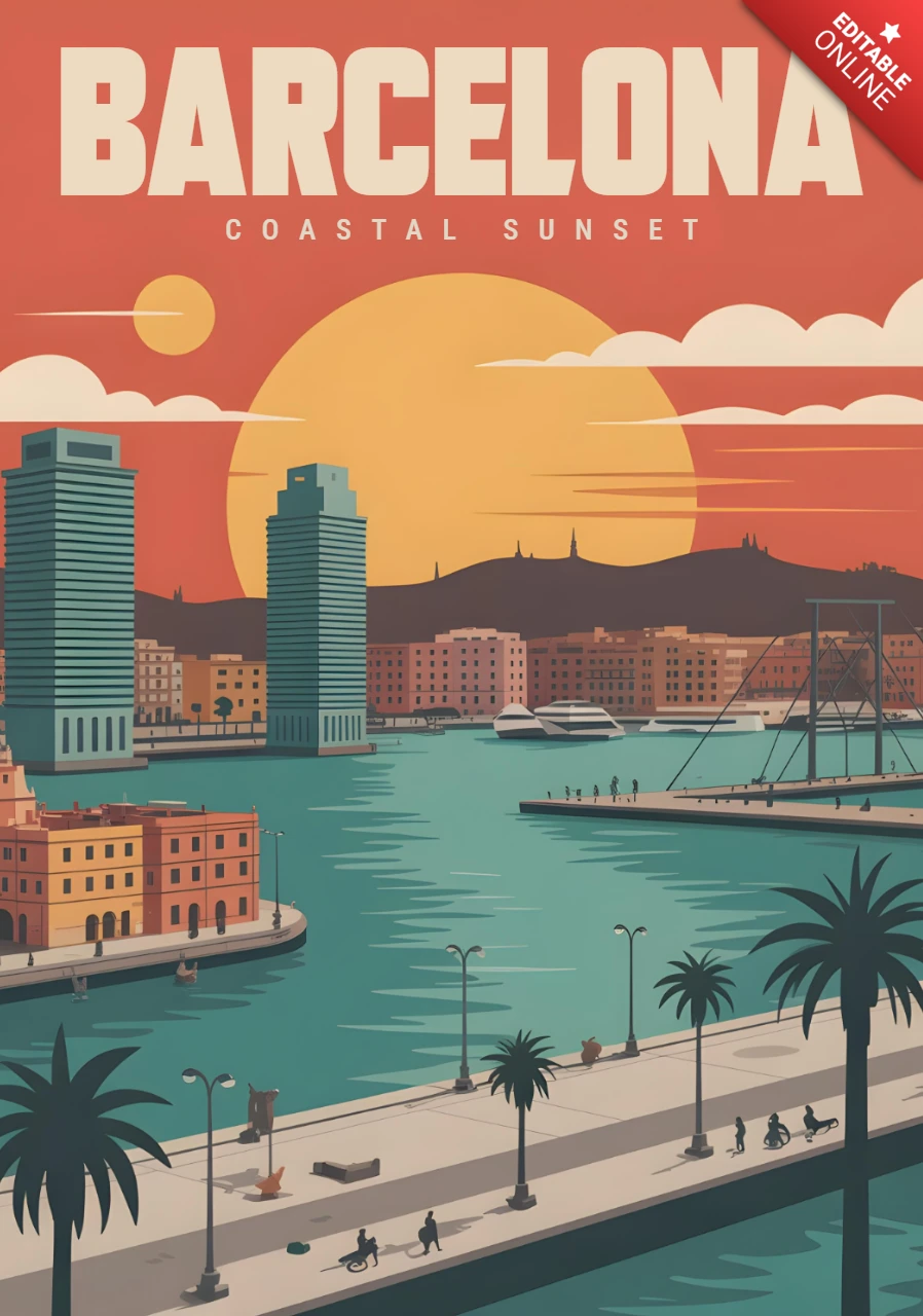 Reiseplakate Designvorlage für Barcelona Küstensonnenuntergang Segelboot, Skyline & Palmenpromenade