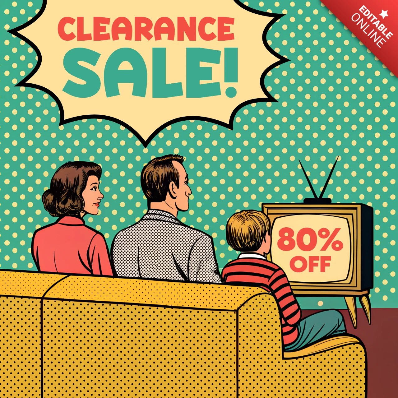 Retro Pop Art Sale Template for Promotional Flyers Featuring Family Watching TV