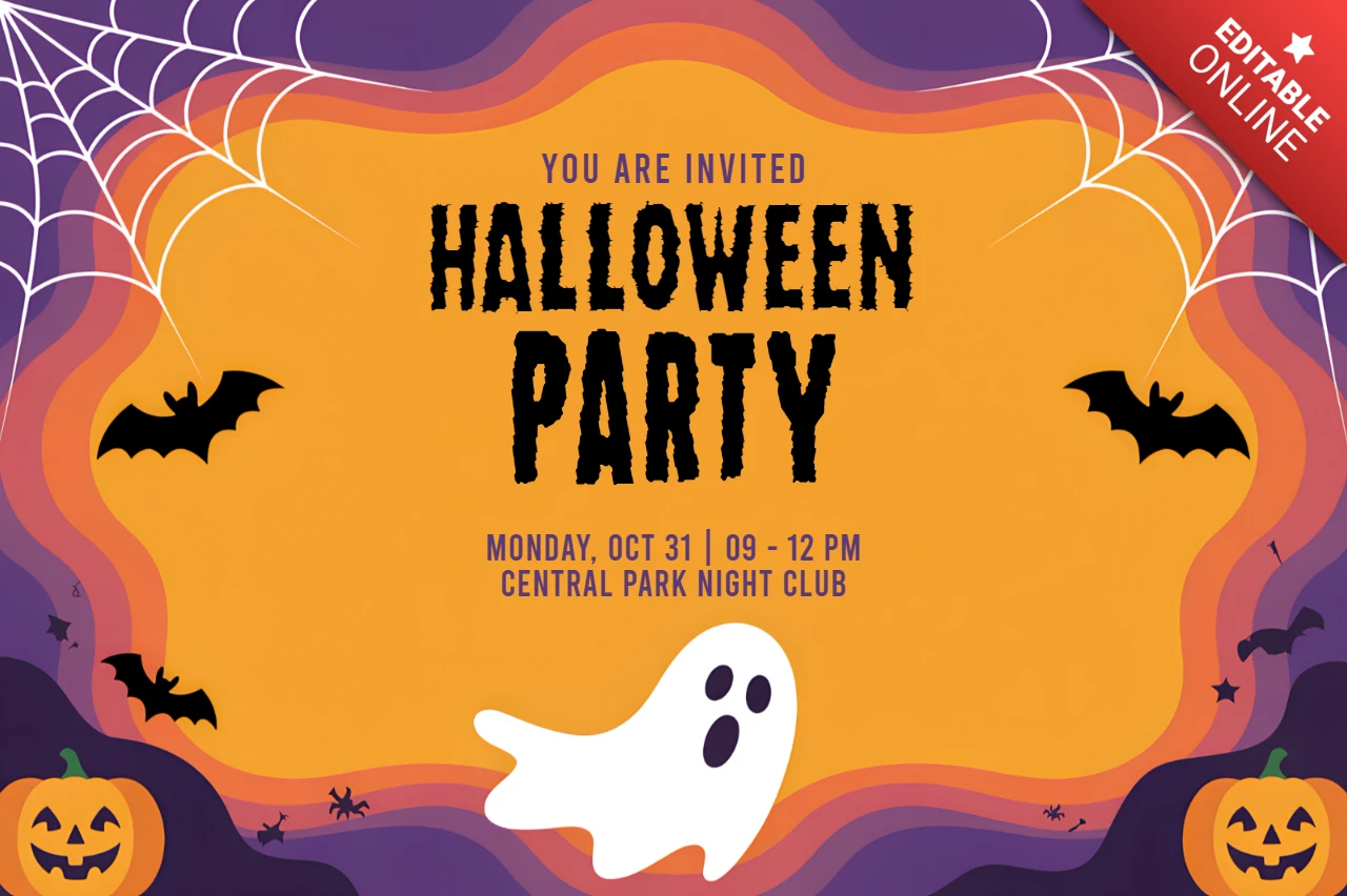 Editable Halloween Party Invitation Template with Ghost and Pumpkin Design