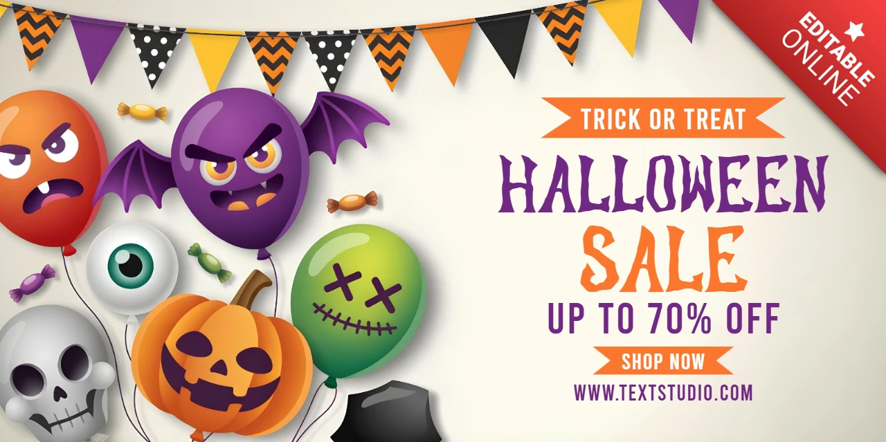 Spooktacular Halloween verkoop feestelijke vlaggen, boe ballonnen en 70% korting promo YouTube cover ontwerpsjabloon