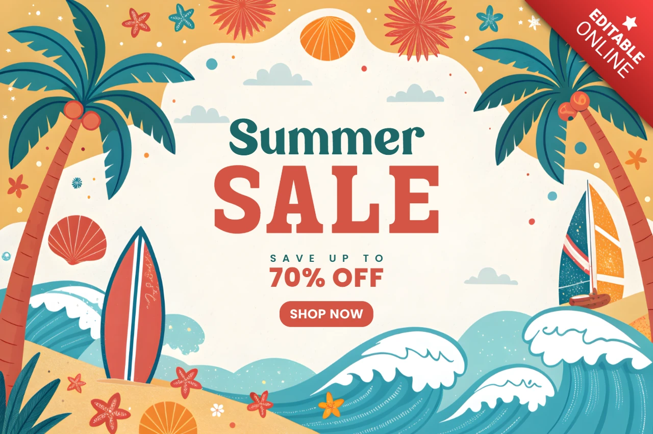 Modèle de design pour la vente d'été - style tropical vibrant avec des planches de surf et des palmiers