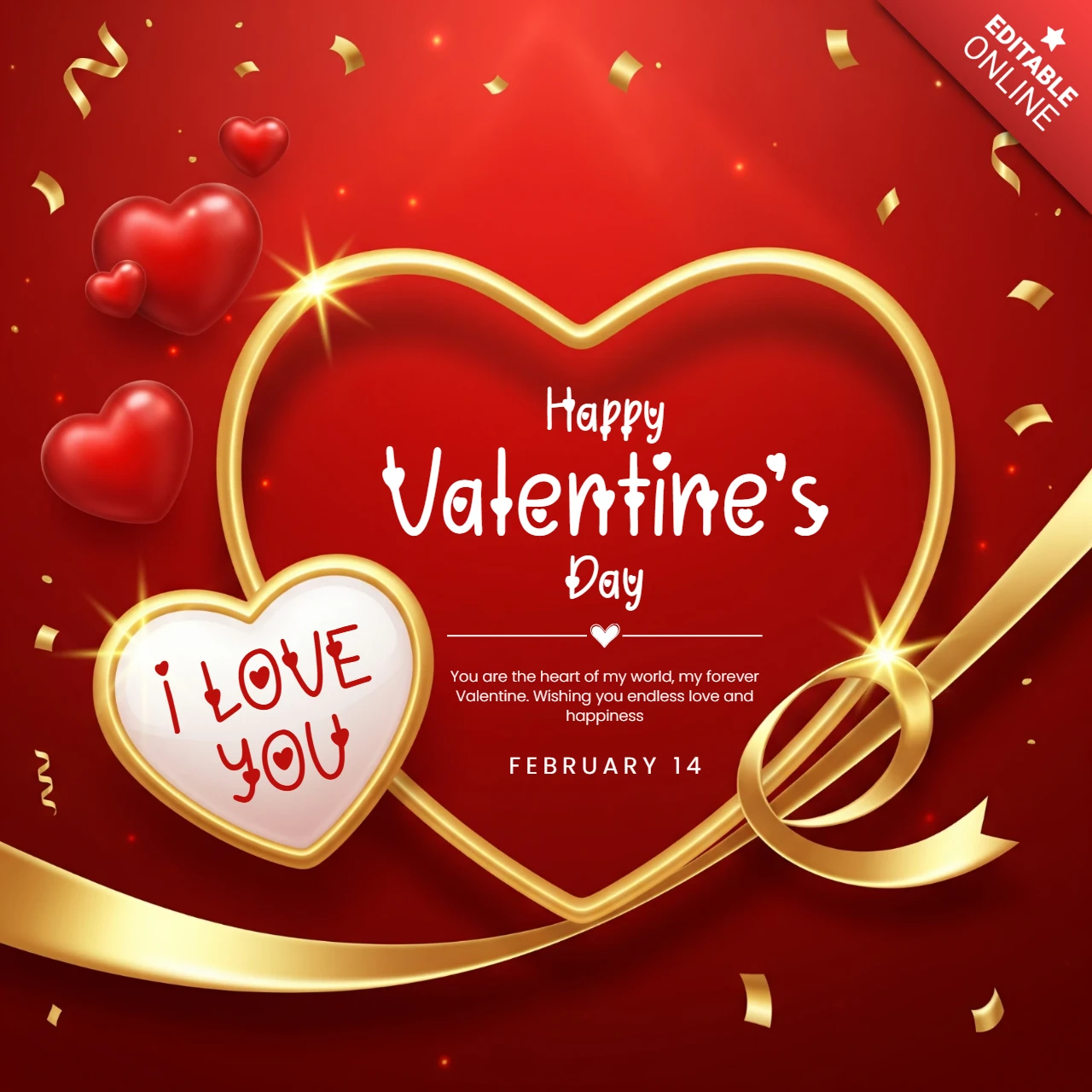 Festive Valentine’s Day Background with Glowing Heart Outlines, Ribbon Accents, and 3D Red Hearts
