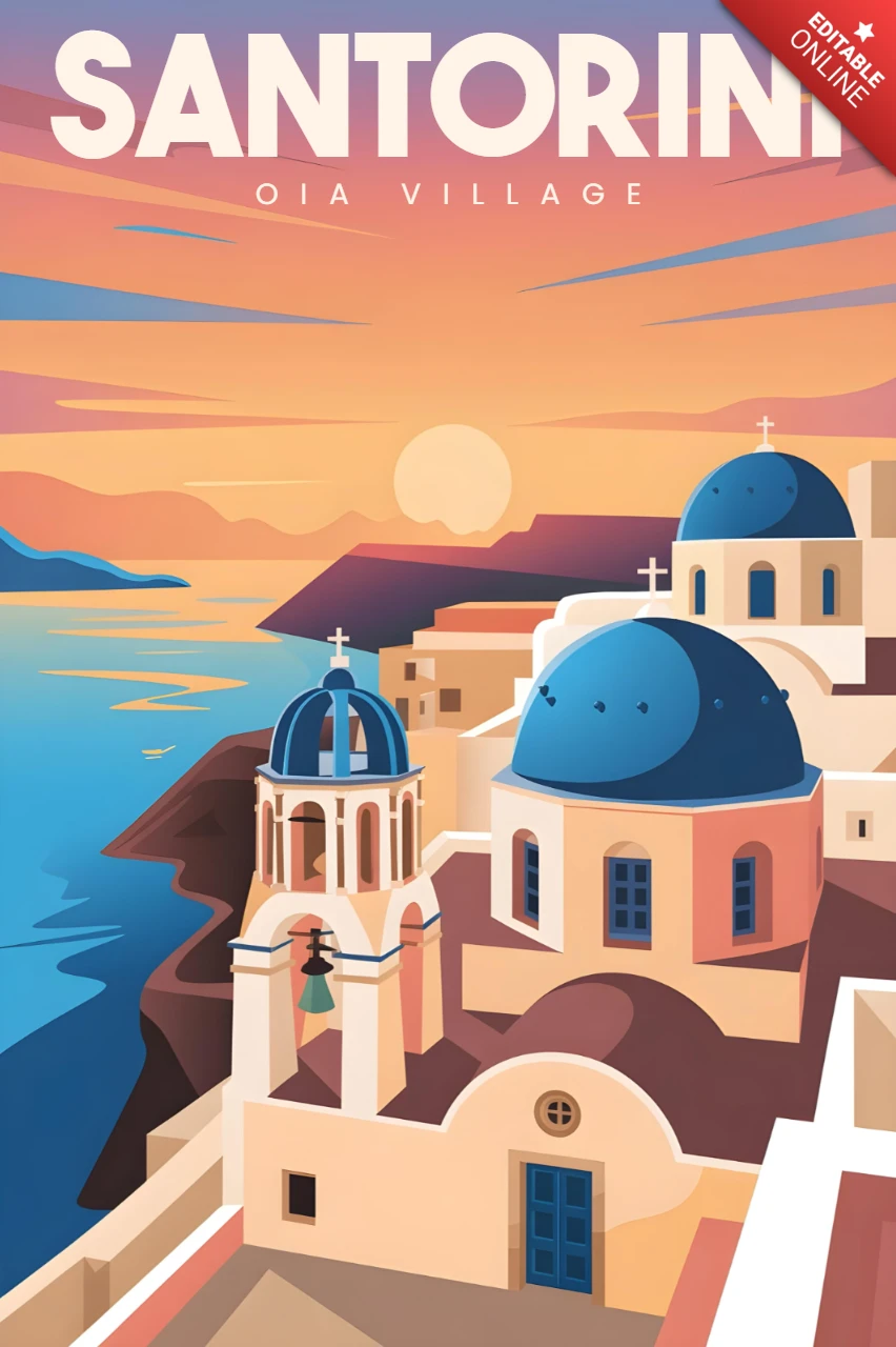 Póster de viaje de Oia al atardecer con cúpulas azules y vista al mar desde el acantilado de Santorini.