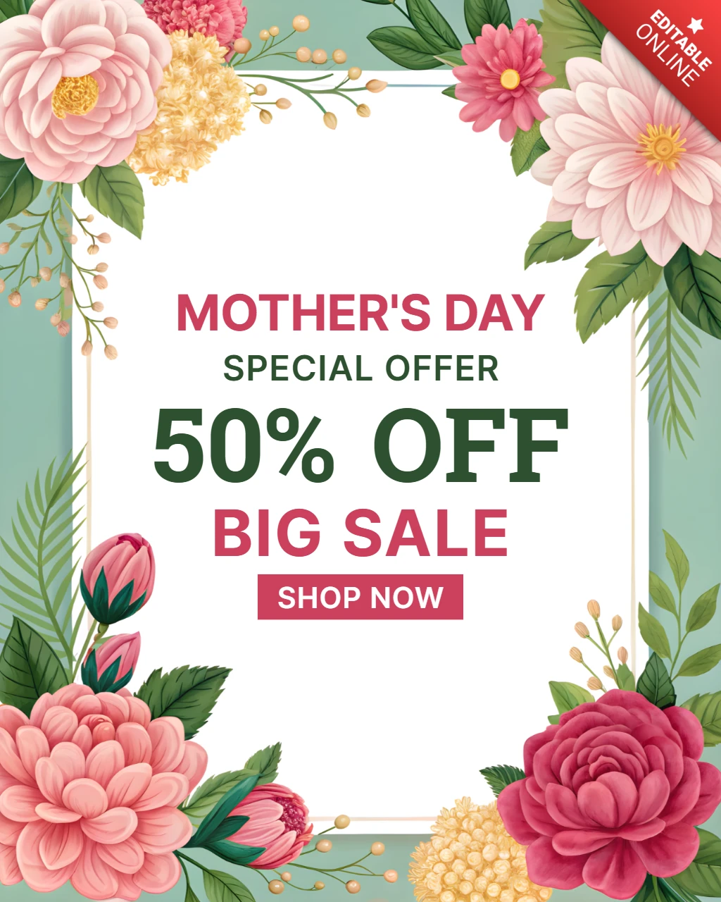 Conception d'un modèle de vente florale pour la fête des mères avec une promotion de 50 %