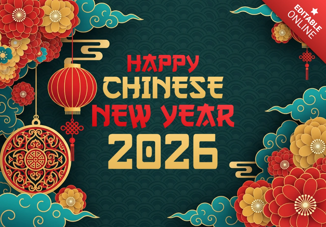 Feliz ano novo chinês 2026 cartão tema de celebração em teal com lanternas, nuvens e elementos decorativos tradicionais