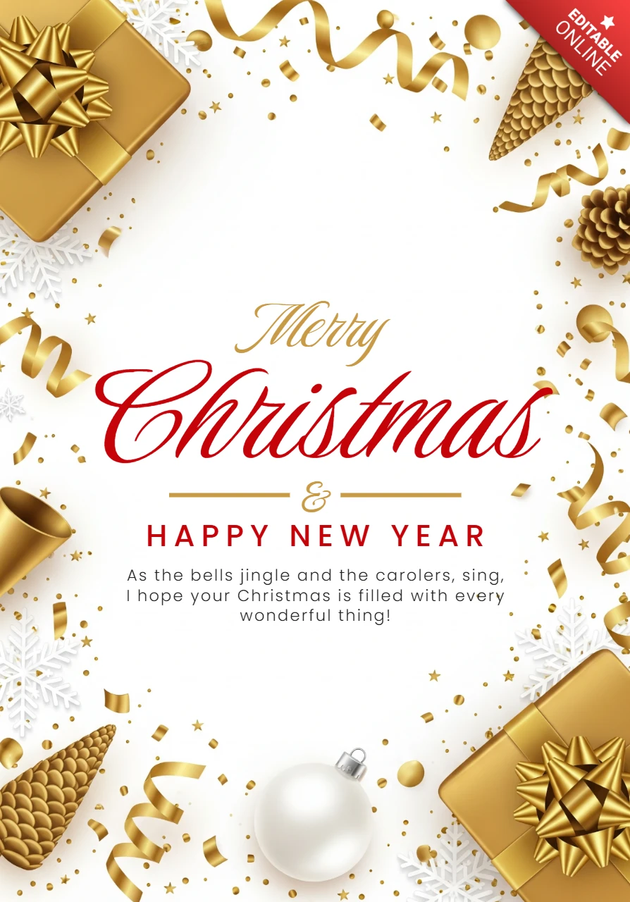 Christmas Greeting Card with Gold-Wrapped Gifts, Pinecones, Ribbons, Snowflakes, and White Ornament Ball