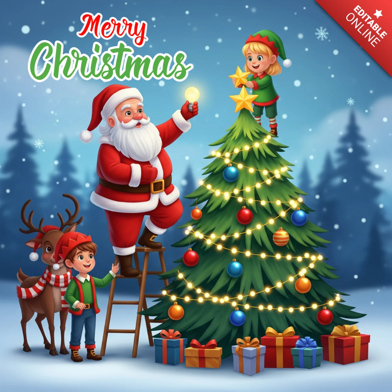 Frohe Weihnachtskarte mit Santa, Elfen und Rentieren in einer verschneiten Landschaft mit dekoriertem Baum und Geschenken, Plakatdesign-Vorlage