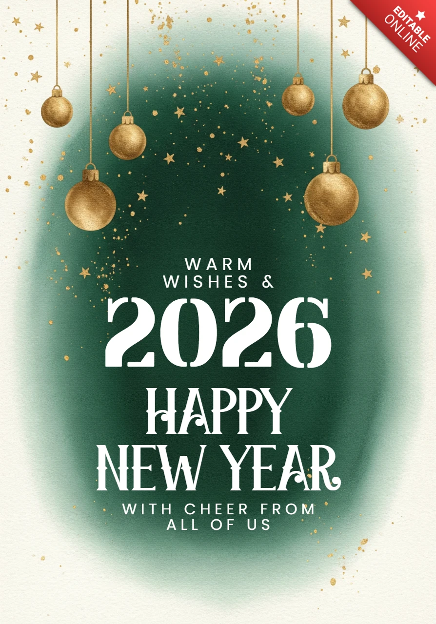 Watercolor Happy New Year 2026 Card Green Gradient Background with Golden Stars and Hanging Ornaments