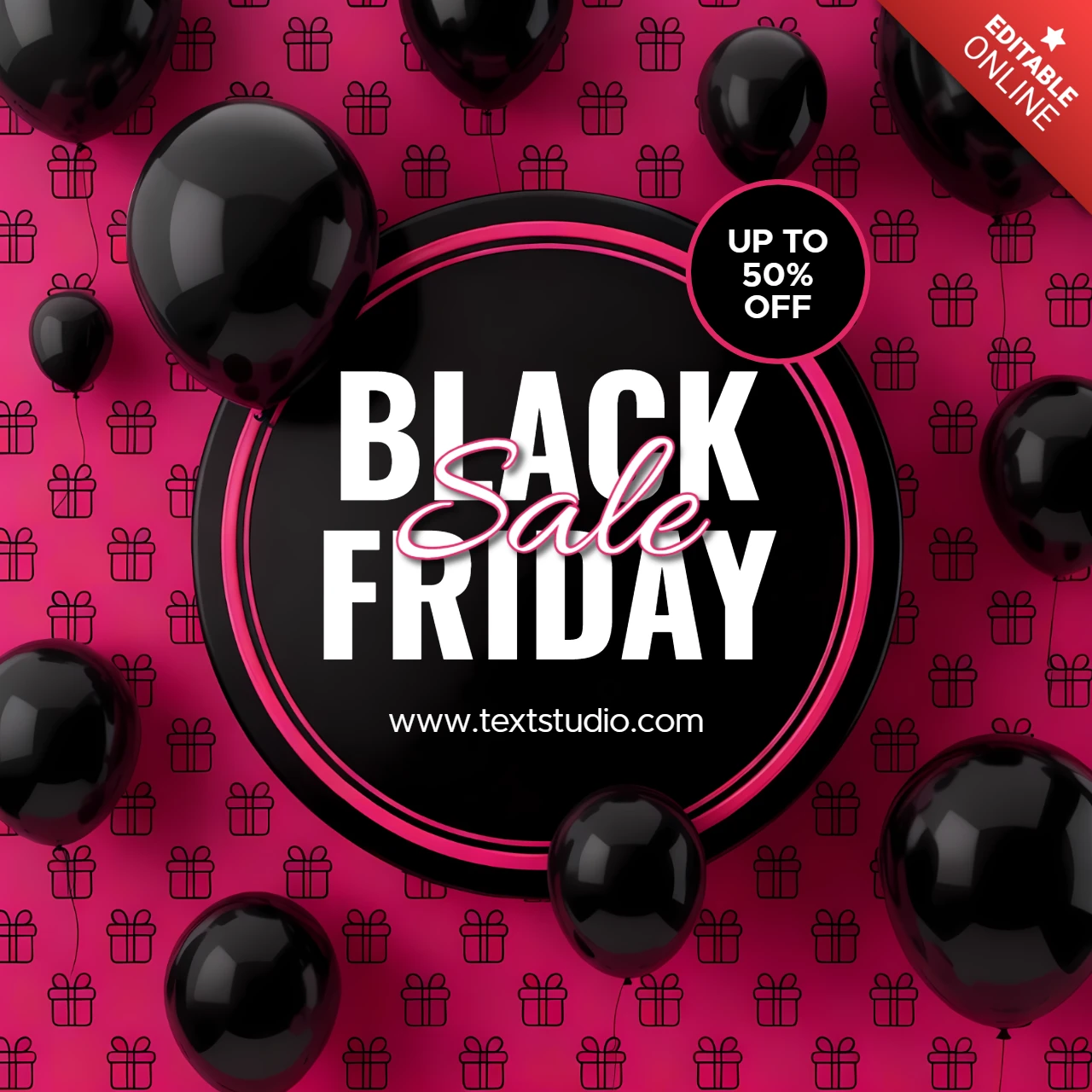 Plantilla de diseño de venta de Black Friday con tipografía en negrita y globos para volantes promocionales.