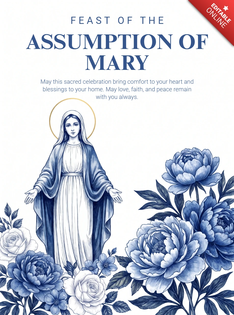 Assumption of Mary Catholic Poster Virgin Mary Halo Robe Blue Floral Sacred Celebration Design Template