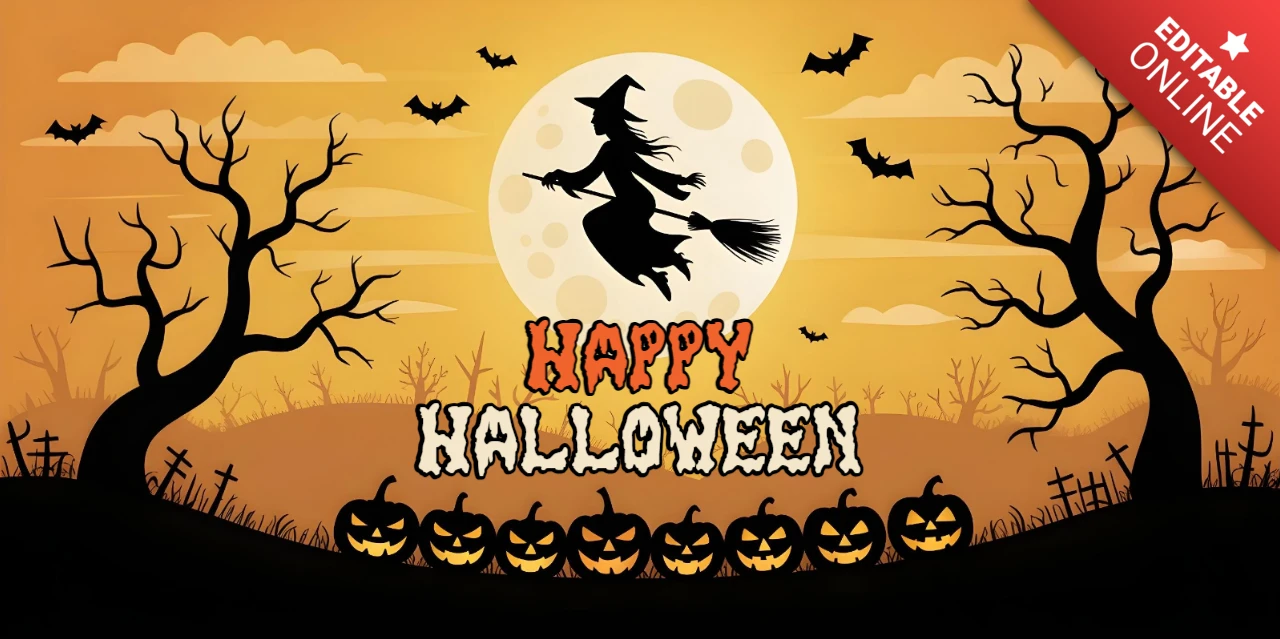 Modelo de design de capa do YouTube de bruxa voando, lua cheia de Halloween, cemitério e abóboras brilhantes.